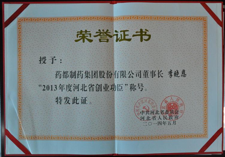 藥都集團(tuán)董事長李曉恩榮獲“2013年度創(chuàng)業(yè)功臣”稱號